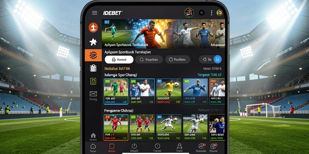 Screenshot utama IDEBET menampilkan antarmuka Sportsbook yang menarik.