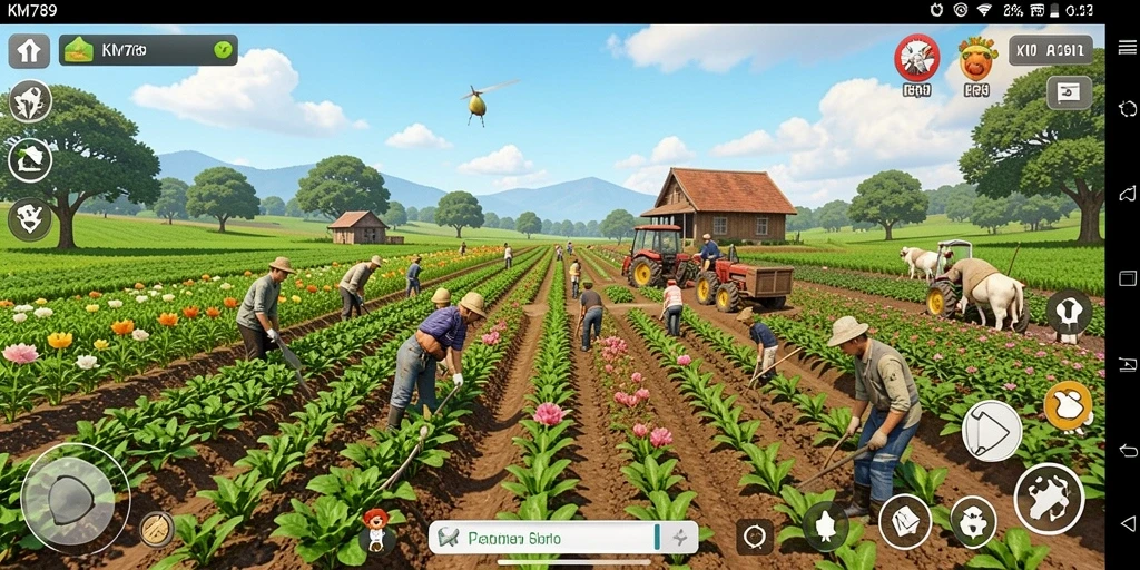 Screenshot gameplay KM789 menunjukkan ladang penuh tanaman hijau dan hewan lucu.