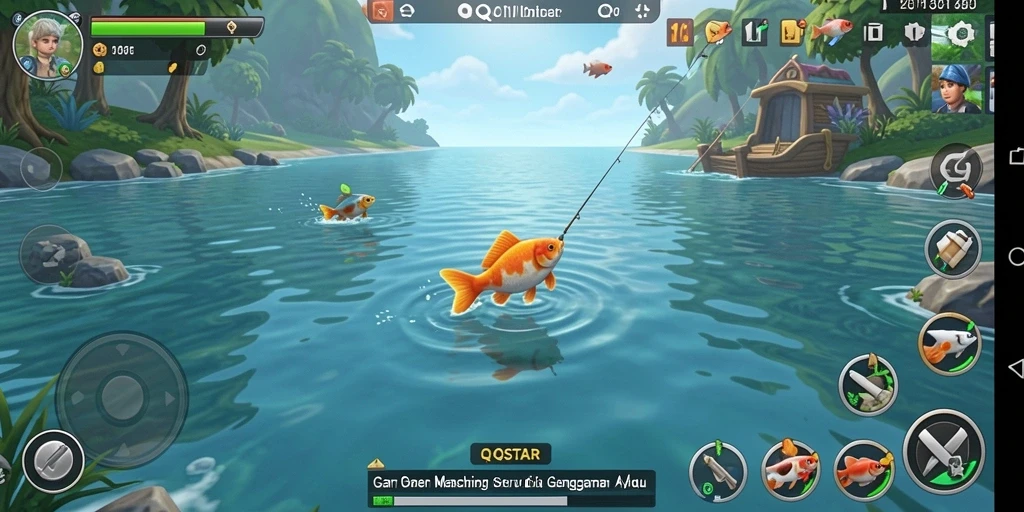 Screenshot gameplay QQSTAR dengan tampilan mempesona saat menangkap ikan.