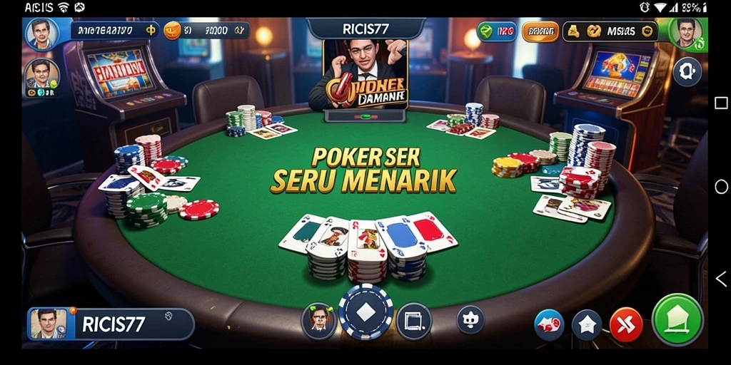 Screenshot gameplay RICIS77 menunjukkan suasana permainan Poker yang intens.