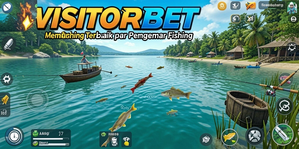 Tampilan gameplay VISITORBET saat memancing di danau yang indah.