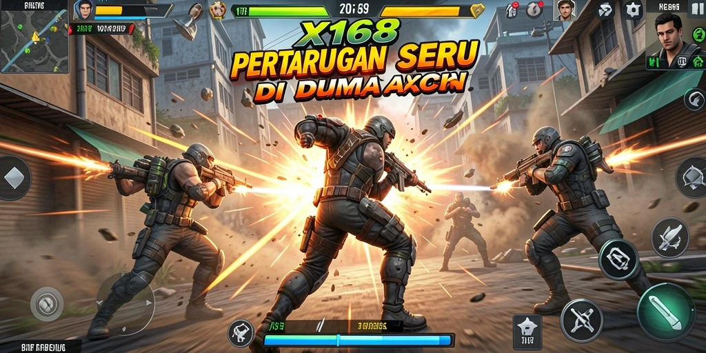 Gameplay intens X168 menampilkan pertarungan aksi yang seru dan mendebarkan.